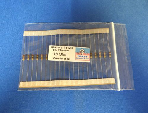 Resistors, carbon film, 1/4 watt, 5%, axial leaded, 18 Ohm - QTY of 20