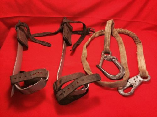 2 buckingham tree climbing spikes &amp; 1 miller tree climbing safety belt for sale