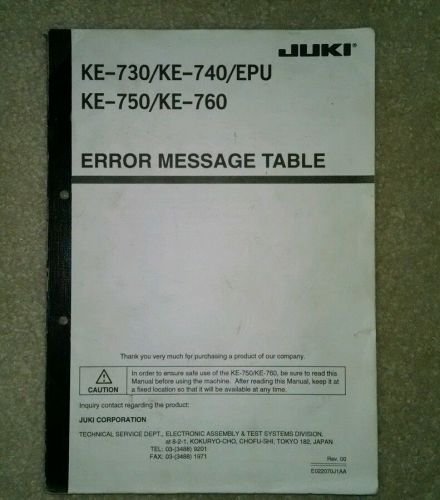 JUKI KE-730/KE-740/EPU 750 KE-750/KE-760 Error Message Table #E022070J1AA