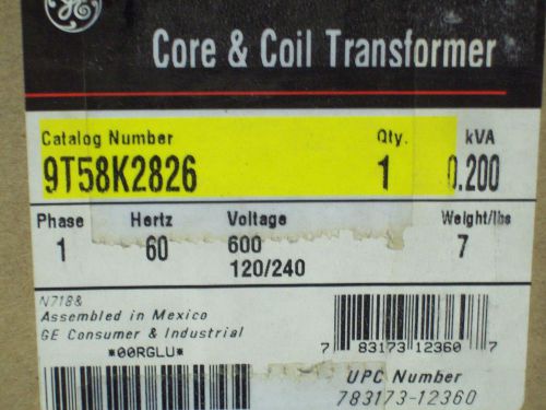 GE 9T58K2826 1 PHASE Transformer 0.200 KVA 600 VOLT PRIMARY 120/240 SECONDARY