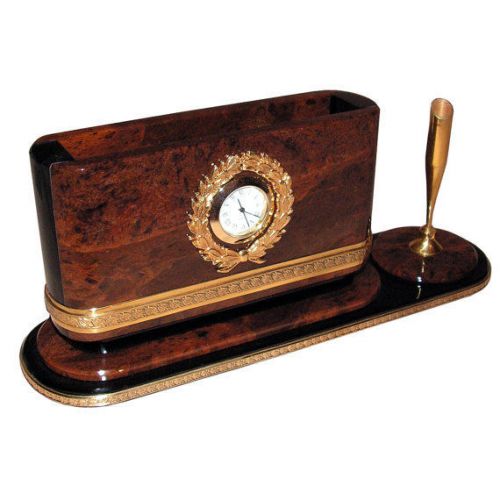 Writing desk organization accessory made of obsidian and brass with clock etc for sale