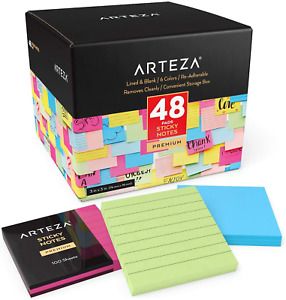 Arteza Sticky Notes, 48 Pads, 3 X 3 Inches, 24 Lined &amp; 24 Blank, 100 Sheets Each