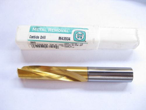 METAL REMOVAL 1/2 TiN SOLID CARBIDE STUB LENGTH DRILL BIT  SLOW SPIRAL M43504