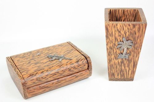 VINTAGE WOODEN DESK TIDY GEKO LIZARD SILVER PALM TREE BOX