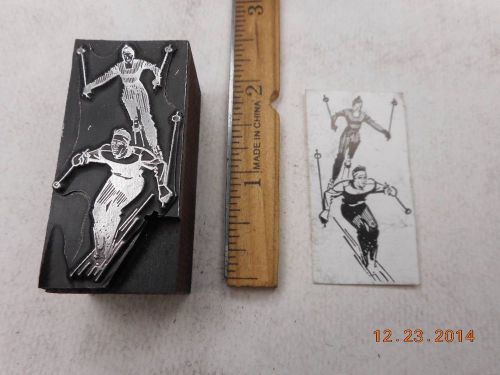 Letterpress Printing Printers Block, Snow Skiing Couple ski Downhill