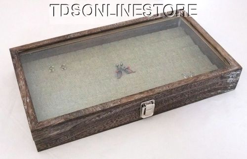 Rustic Coffee Color Glass Top Jewelry Case W 90 Earring Burlap Insert