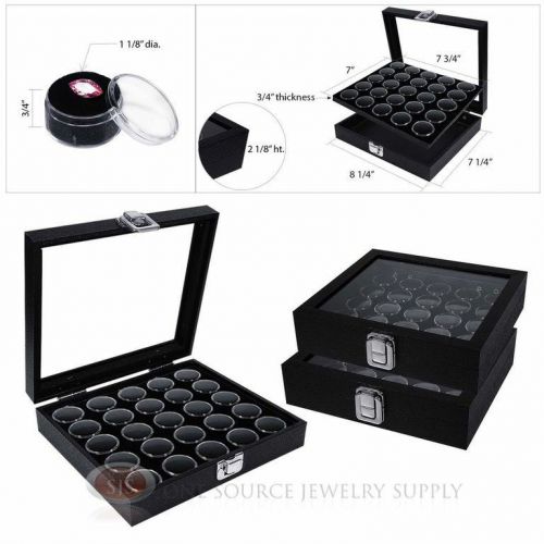 (3) Black 25 Gem Jar Inserts w/ Glass Top Display Cases Gemstone Storage Jewelry