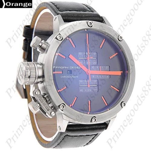 High End Silver Case Leather Quartz Sub Dial Date Men&#039;s Wrist Wristwatch Orange