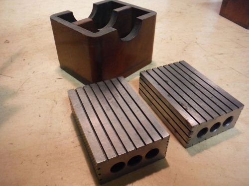 VINTAGE TOOLMAKER MACHINIST 1,2,3 BLOCKS WITH CUSTOM WOOD BOX JIG FIXTURE