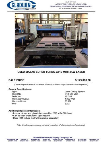 USED 5&#039; X 10&#039; MAZAK STX510 4KW MK2 LASER