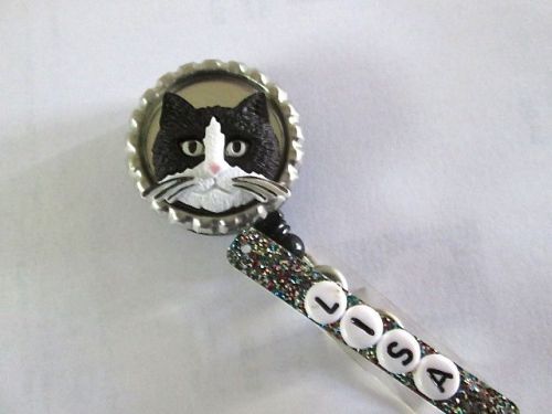 CAT HEAD BLACK PERSONALIZE ID BADGE  REEL  NURSE, MEDICAL,VET,OFFICE,ICU,ER