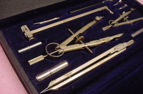 BEAUTIFUL CLASSIC K&amp;E VINTAGE  IN 12 PC DORIC DRAFTING TOOL SET IN BLUE VELVET