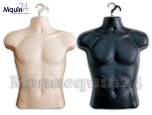 2 MANNEQUINS; BLACK &amp; FLESH MALE TORSOS +2 HANGERS MAN BODY CLOTHING DISPLAY