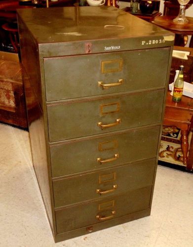 VINTAGE SHAW WALKER 5-DRAWER FILE CABINET (FIRE PROOF) - OD GREEN - 42 x 28 x 22