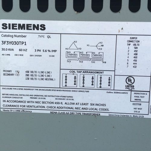 SIEMENS ITE TRANSFORMER 30 KVA PRI 480V SEC 208Y/120 3 PH DRY TYPE 3F3Y030