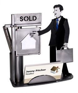 H&amp;K Steel Sculptures Male Real Estate Agent Business Card and Pen Holder