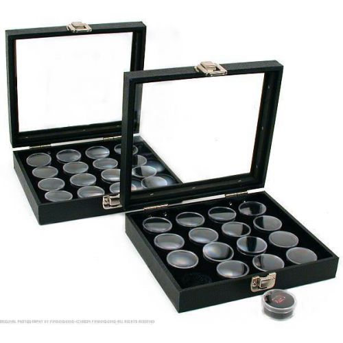 32 Gem Jars Black Display Tray Glass Lid Travel Case