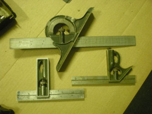 Lot of 3 Vintage Starrett &amp; Lufkin combination protractor ruler squares 12&#034; &amp; 6&#034;