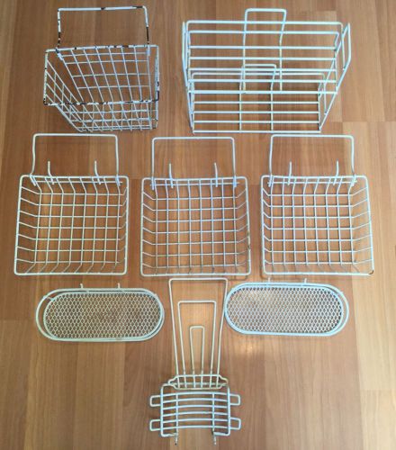 OLD VTG USED METAL WIRE FRAME WHITE COATED PEG BOARD MOUNT RACK BASKET LOT OF 9