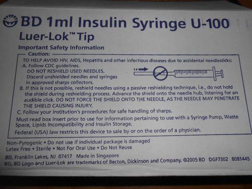 Box of 100: BD Brand 1ml LUER-LOK TIP SYRINGES SEALED STERILE w/o Needle