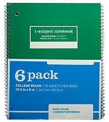 NOTEBOOK,SPIRAL,1-SUB,70SH 6PK