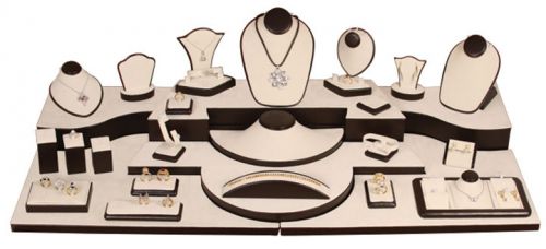 28 piece faux beige  Brown Leather Retail SHOWCASE Pawn Fine JEWELRY DISPLAY