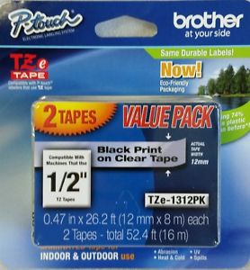 Genuine Brother P-Touch TZe-1312PK 1/2&#034; Black Print on Clear Tape - 2 pack