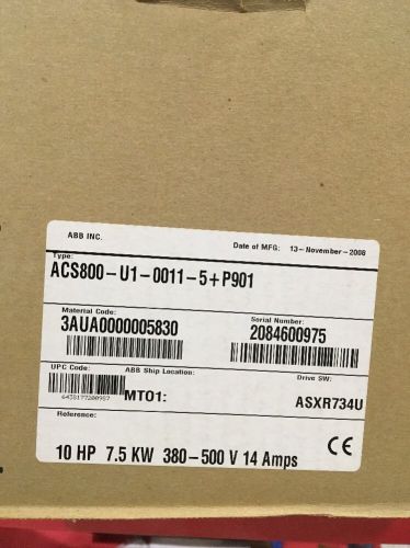 ABB ACS800-U1-0011-5+P901 10 HP 7.5 KW 380-500 Volt 14 Amps NEW IN BOX