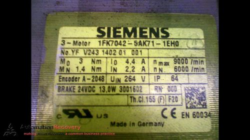 SIEMENS 1FK7042-5AK71-1EH0 SERVO MOTOR 3.0 NM