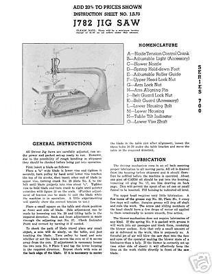 Walker-Turner J782 Jig Saw Manual J.S.73 Series 700