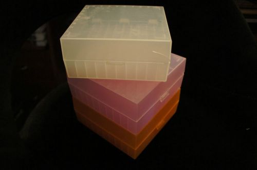 Vial test tube storage boxes set of 3 clear, orange and pink 100 sections for sale