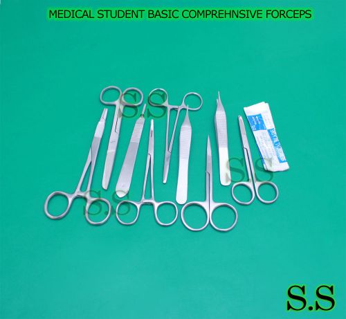 19 PCS MEDICAL STUDENT BASIC DISSECTING FORCEPS SCISSORS SET+SCALPEL BLADES #10