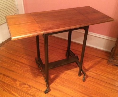 VINTAGE Industrial Typewriter Stand Hi Lo Drop Leaf Brown Metal Wood Walnut