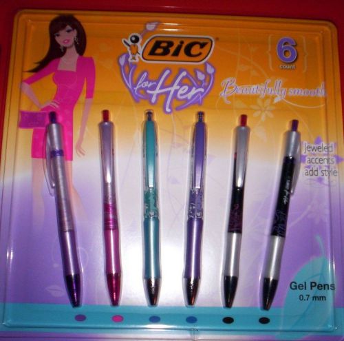 Bic for Her~ 6 Pack~ Beautifully Smooth Gel Pens .07 mm ~w/Jeweled accents~CUTE!