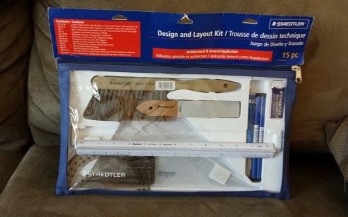 New staedtler 15 piece drafting &amp; design kit erasers shield compass triangles +! for sale