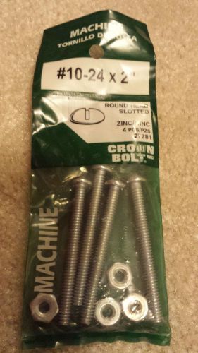 Crown Bolt #10-24 x 2&#034; Zinc Round Head Slotted Machine Screws w/ Bolts - 4 Pack