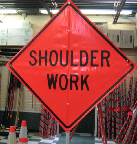 Shoulder Work Sign Fluorescent Vinyl With Ribs  48 &#034; x 48&#034; Roll Up Sign