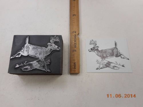 Letterpress Printing Printers Block, Buck Deer jumps over Fallen Tree Trunk