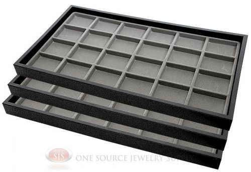 (3) black plastic stackable trays w/24 compartment gray jewelry display inserts for sale