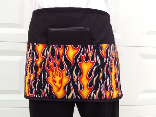 BLACK  FLAMES  3 POCKET WAITRESS WAIST APRON BAR CAFE SERVERS  Resturant -USA