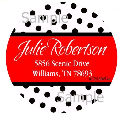 BLACK POLKA DOT PRINT &amp;  RED STRIPE #1  ROUND RETURN ADDRESS LABELS