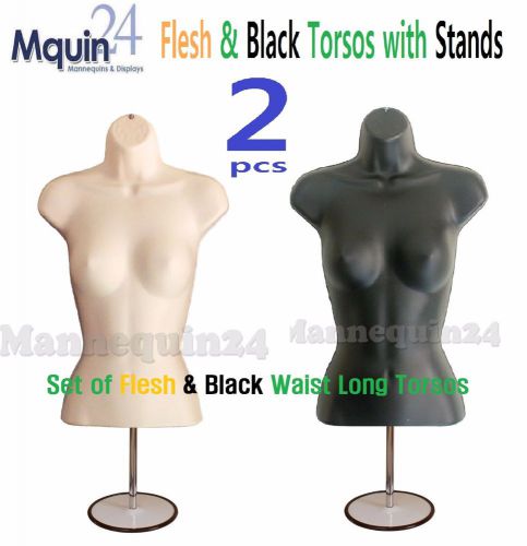 2 pcs Mannequins Flesh &amp; Black Torso Forms w/2 Stands + 2 Hangers Woman Clothing