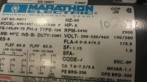 Marathon 145ttdr5315  3hp 3490rpm 230/460 fr 145jm   m311 fire pump motor