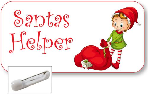 WHITE NAME BADGE TAG FOR SANTAS HELPER HOLIDAY ELF ARTWORK SAFETY PIN FASTENER