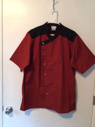 HAPPY CHEF RUST &amp; BLACK CROSSOVER SNAP SHORT SLEEVE CHEFS COAT  SIZE MEDIUM