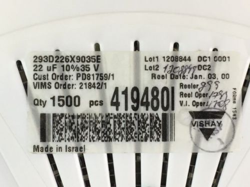 LOT OF (1,500) NEW VISHAY 293D226X9035E2W 22 uF 35V 10% (2917) E CASE TANTALUM