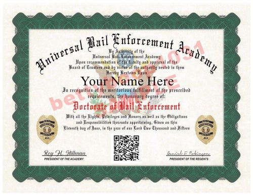 Bail enforcement agent diploma prop - (custom w your name) scannable qr code for sale