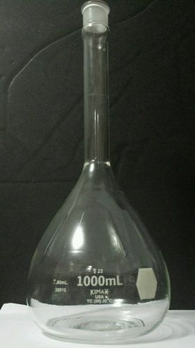 Vtg Kimax Borosilicate Glass Volumetric Flask 28015, Class B, 1000mL, ±0.60mL