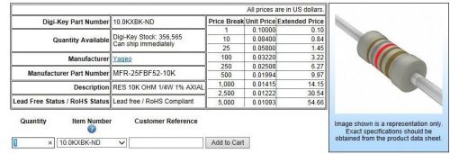 10 k ohm 1/4 watt 1% metal film resistors 1000 pcs digikey 10.0kxbk-nd for sale