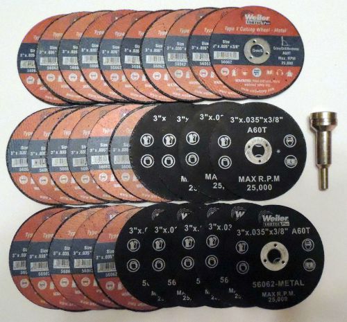 30 PC BULK LOT WEILER 3&#034; CUT-OFF WHEELS &amp; MANDREL METAL #36536 3&#034; x 1/32&#034; x 3/8&#034;